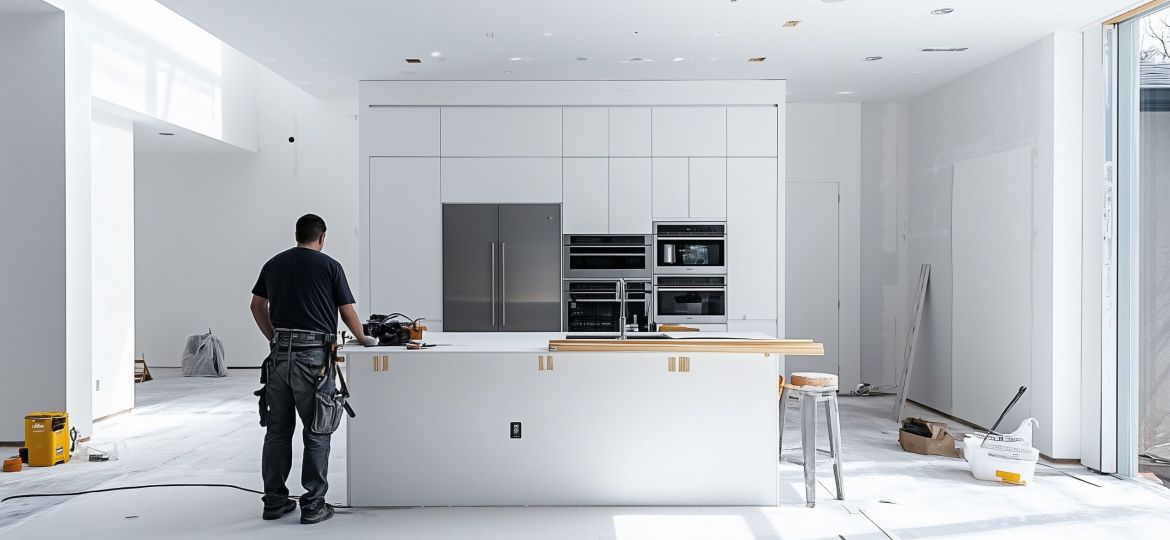 Construction worker in a modern kitchen during renovation, working on a sleek countertop installation