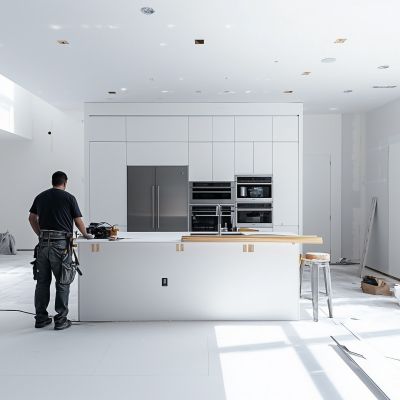Construction worker in a modern kitchen during renovation, working on a sleek countertop installation